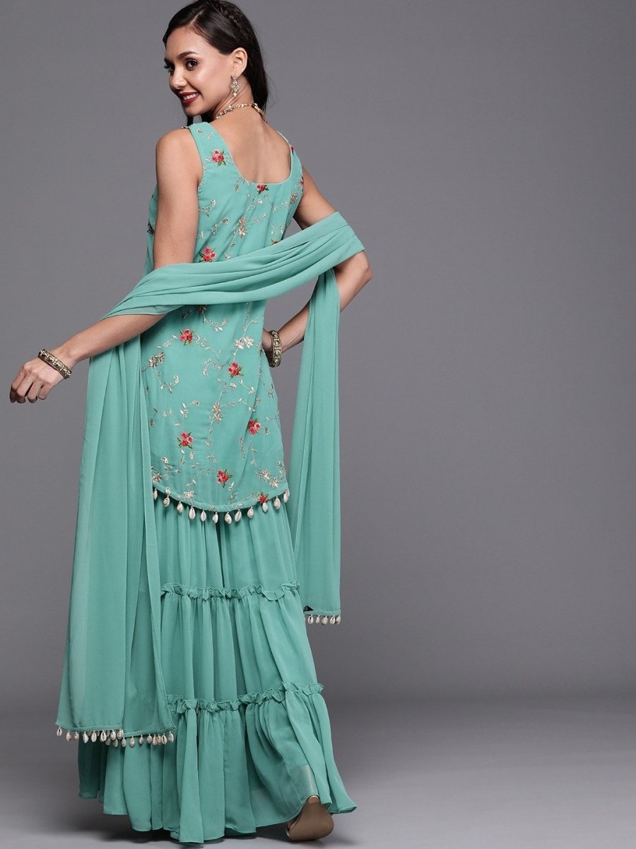 Rama Green Embroidered Kurta with Teired Sharara and Dupatta - Inddus.com