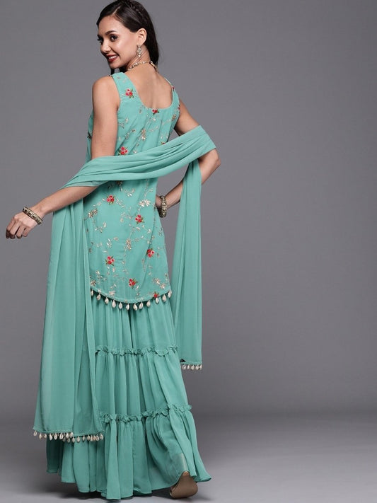 Rama Green Embroidered Kurta with Teired Sharara and Dupatta - Inddus.com