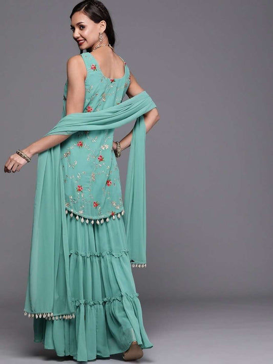Rama Green Embroidered Kurta with Teired Sharara and Dupatta - Inddus.com