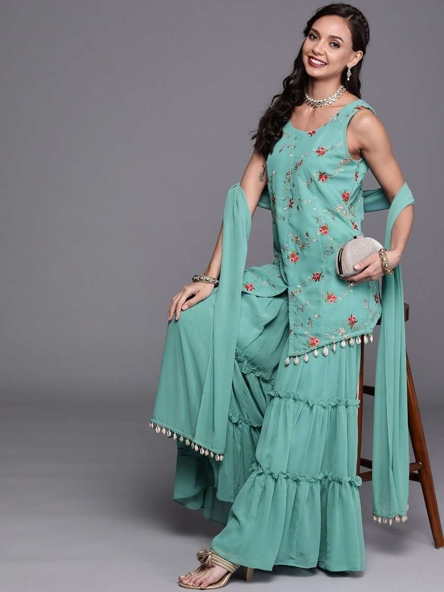 Rama Green Embroidered Kurta with Teired Sharara and Dupatta - Inddus.com