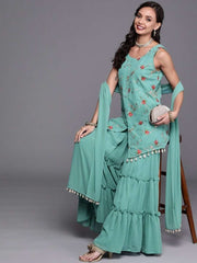 Rama Green Embroidered Kurta with Teired Sharara and Dupatta - Inddus.com