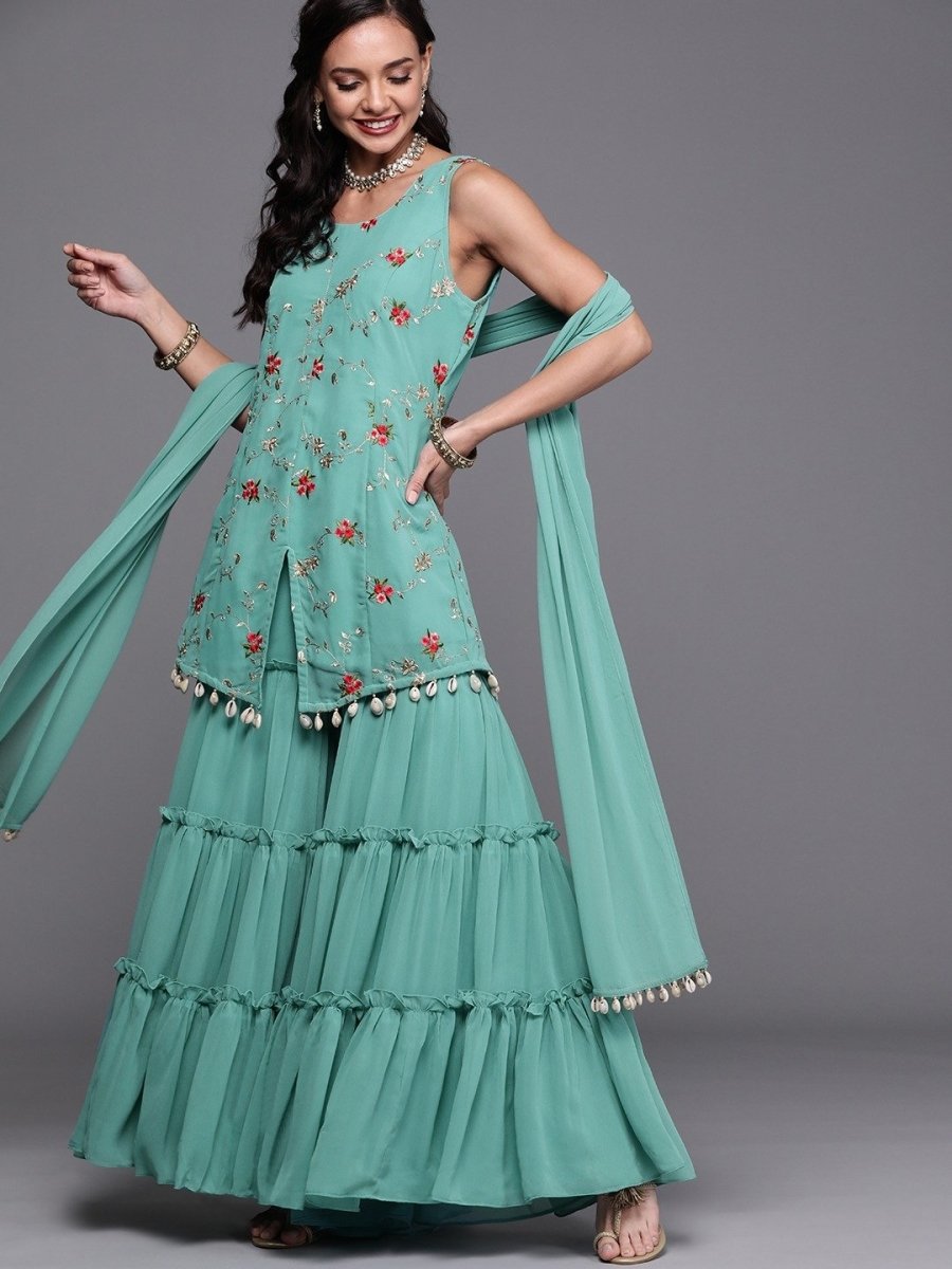 Rama Green Embroidered Kurta with Teired Sharara and Dupatta - Inddus.com
