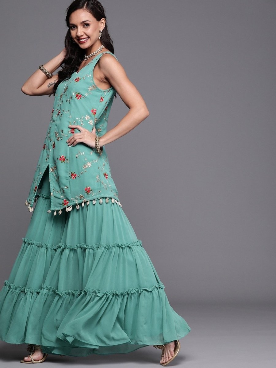 Rama Green Embroidered Kurta with Teired Sharara and Dupatta - Inddus.com