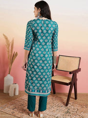 Rama Green Floral Printed Regular Pure Cotton Kurta With Trousers - Inddus.com