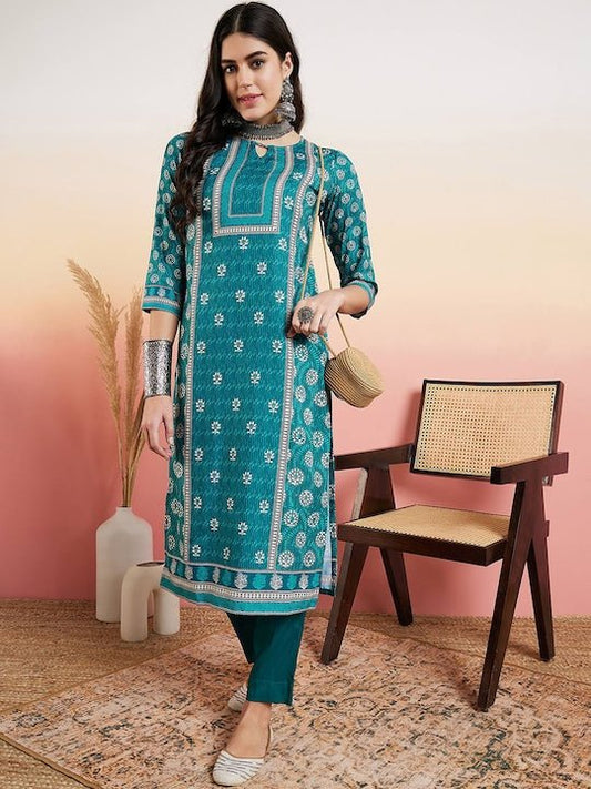 Rama Green Floral Printed Regular Pure Cotton Kurta With Trousers - Inddus.com