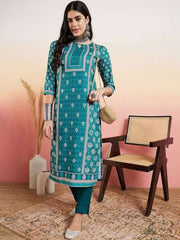 Rama Green Floral Printed Regular Pure Cotton Kurta With Trousers - Inddus.com