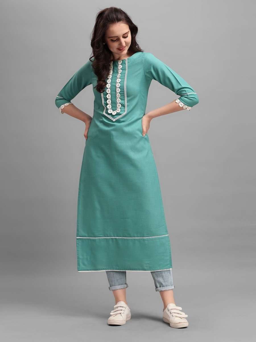 Rama Green Laced Kurta - Inddus.com