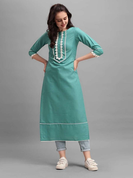 Rama Green Laced Kurta - Inddus.com