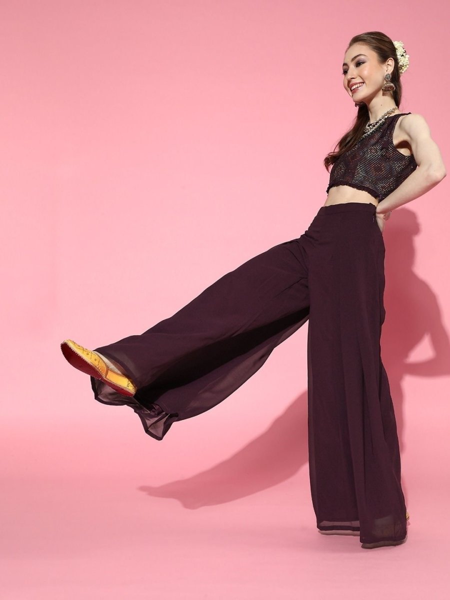 Ravishing Wine Poly Georgette Solid Crop Top - inddus-us