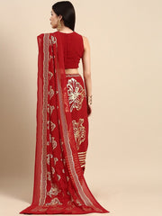 Red and Gold Floral Foil Print Saree - Inddus.com