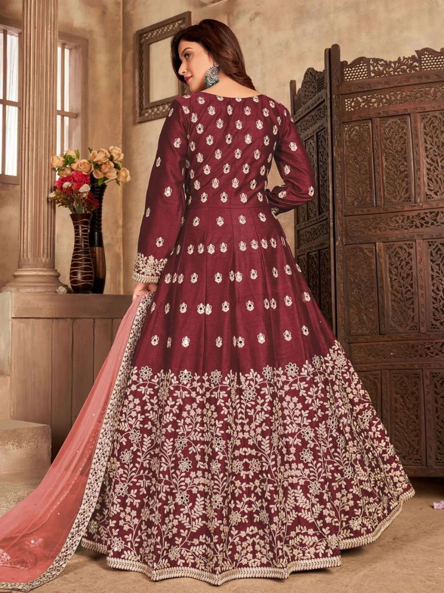 Red Art Silk Partywear High Slit Style Suit - Inddus.com