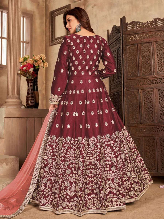 Red Art Silk Partywear High Slit Style Suit - Inddus.com