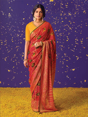 Red Brasso Embroidered Saree - Inddus.com