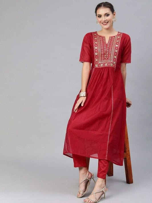 Red Chanderi Cotton Embroidered Kurta Pant Set - Inddus.com