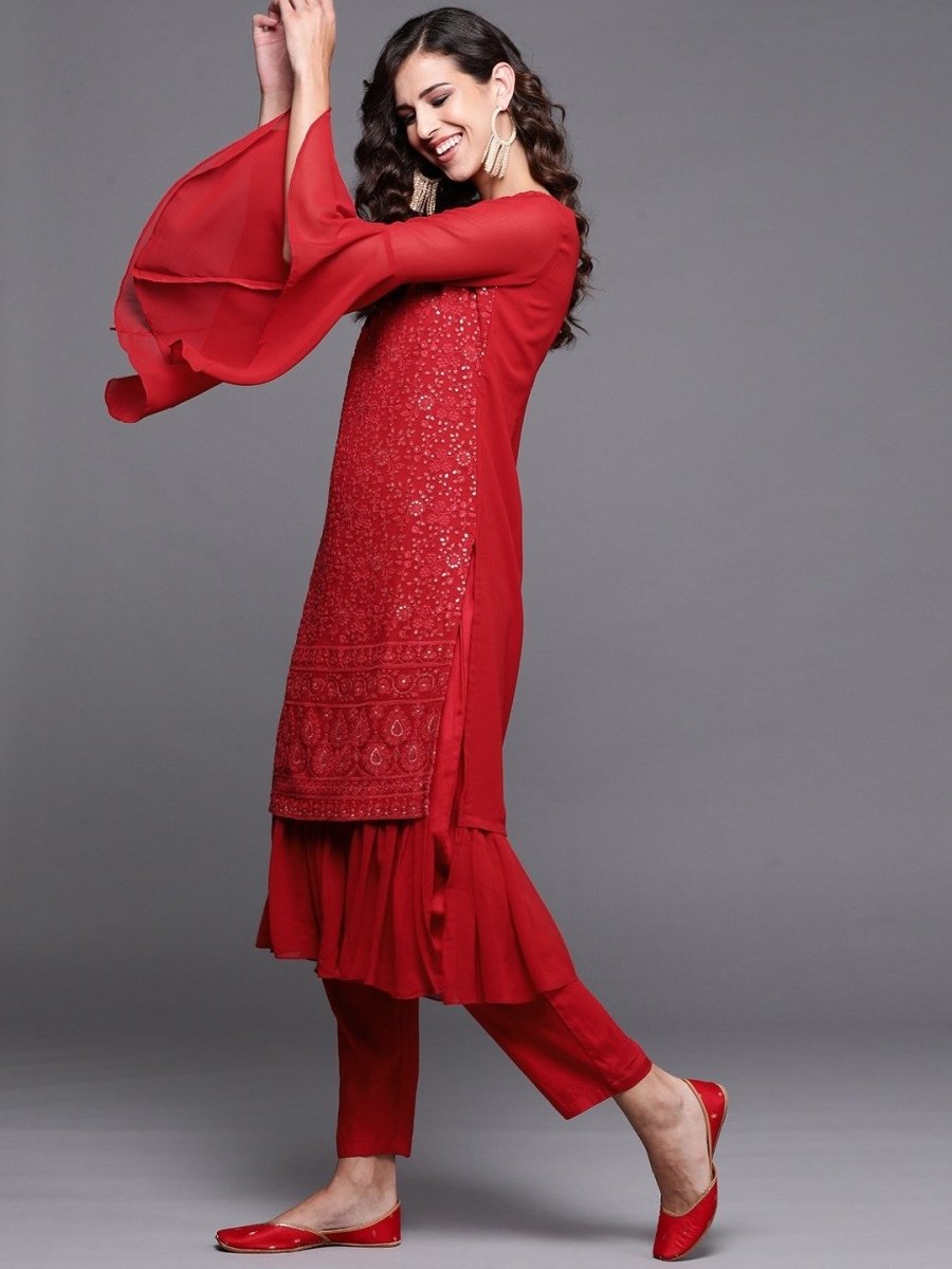 Red Chikankari Embroidered Kurta with Pants - Inddus.com