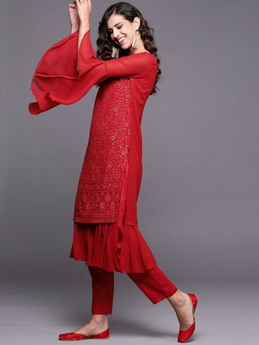 Red Chikankari Embroidered Kurta with Pants - Inddus.com