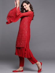 Red Chikankari Embroidered Kurta with Pants - Inddus.com