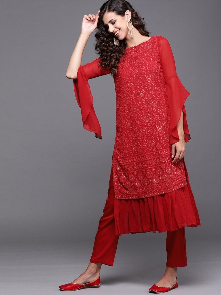 Red Chikankari Embroidered Kurta with Pants - Inddus.com