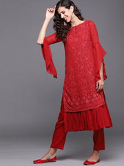 Red Chikankari Embroidered Kurta with Pants - Inddus.com