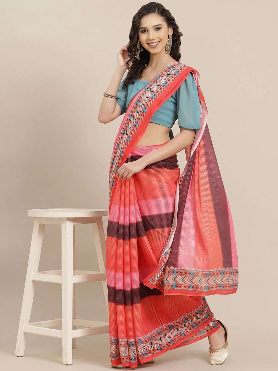 Red Colorblocked Sequinned Saree - inddus-us