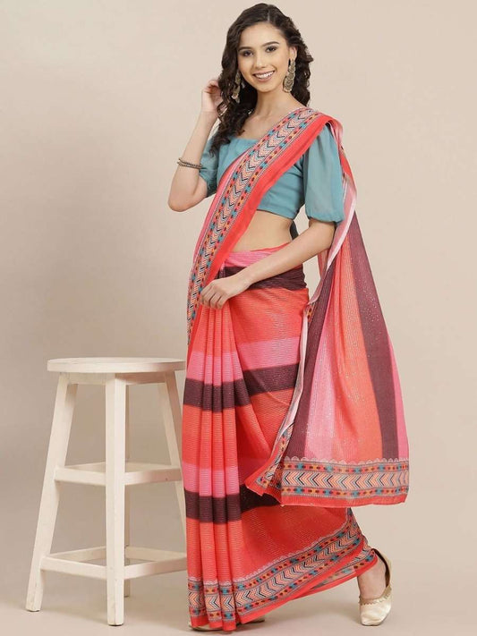 Red Colorblocked Sequinned Saree - inddus-us