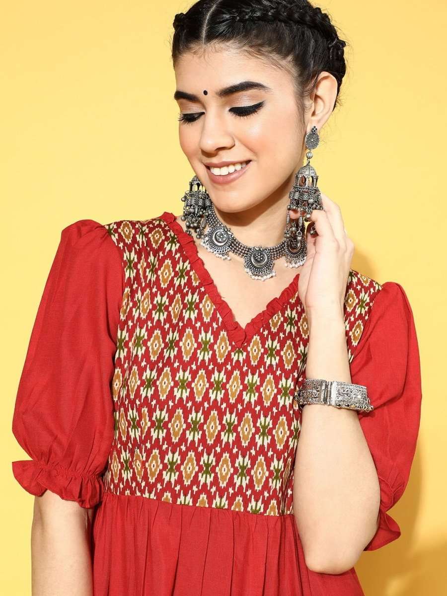 Red Cotton Partywear Ethnic Motifs Dresses - Inddus.com