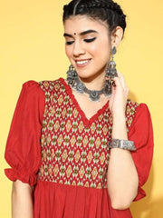 Red Cotton Partywear Ethnic Motifs Dresses - Inddus.com