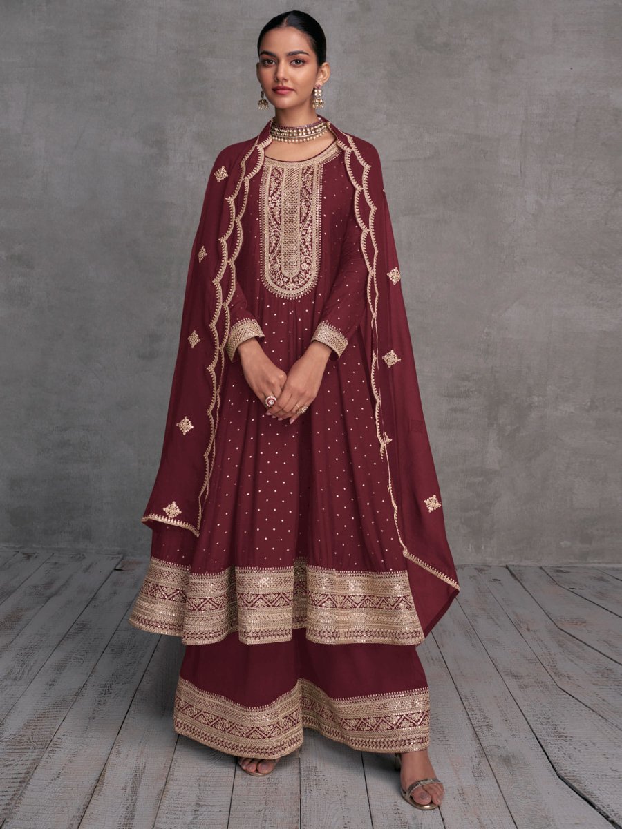 Red Embroidered Partywear Palazzo-Suit - Inddus.com