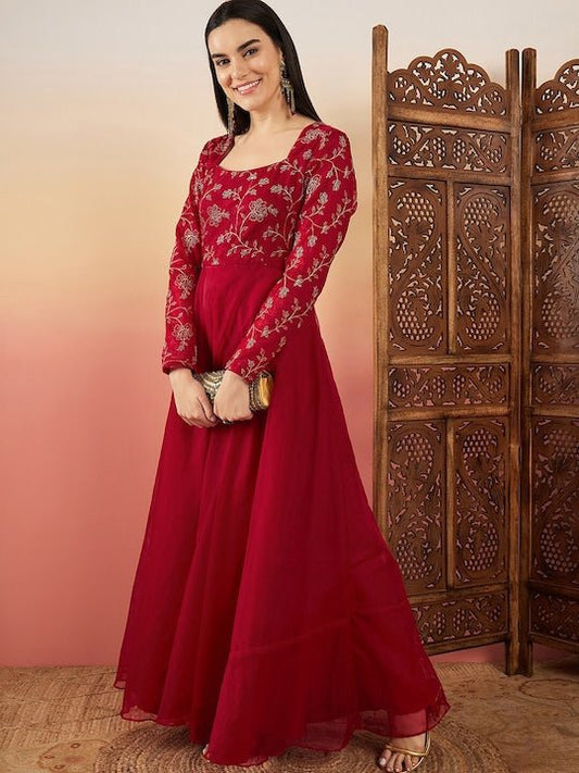 Red Floral Embroidered Flared Maxi Ethnic Dresses - Inddus.com