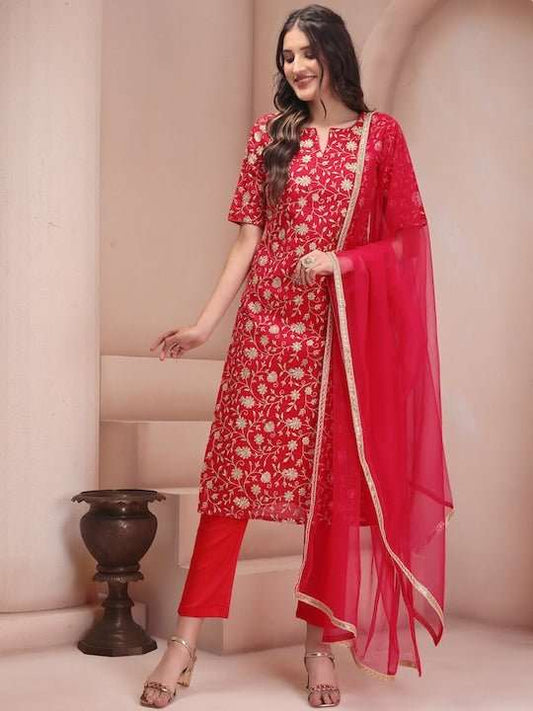 Red Floral Embroidered Sequined Regular Kurta with Trousers & Dupatta - Inddus.com