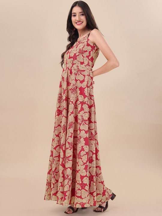 Red Floral Printed Sweetheart Neck A-line Maxi Dress - Inddus.com