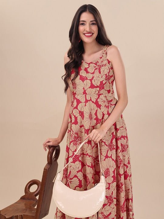 Red Floral Printed Sweetheart Neck A-line Maxi Dress - Inddus.com
