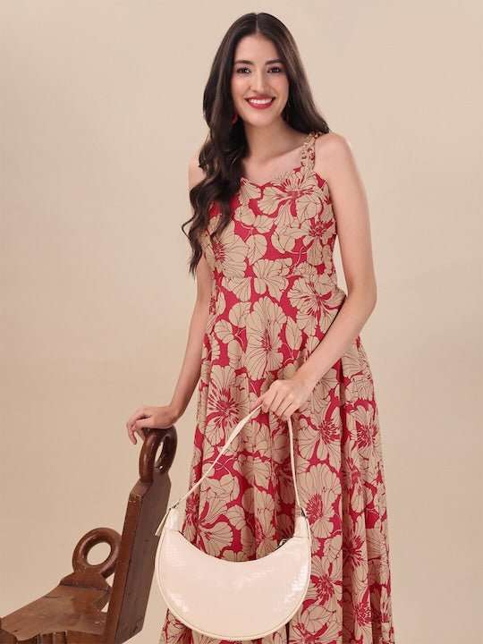 Red Floral Printed Sweetheart Neck A-line Maxi Dress - Inddus.com
