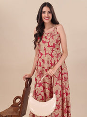 Red Floral Printed Sweetheart Neck A-line Maxi Dress - Inddus.com