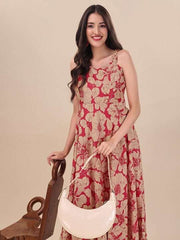 Red Floral Printed Sweetheart Neck A-line Maxi Dress - Inddus.com