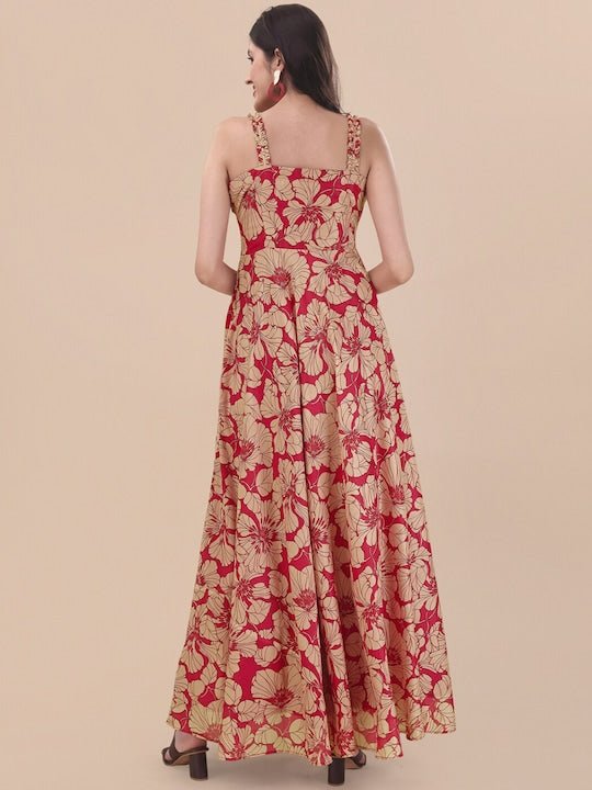 Red Floral Printed Sweetheart Neck A-line Maxi Dress - Inddus.com