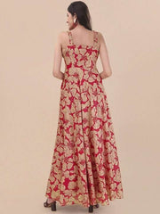 Red Floral Printed Sweetheart Neck A-line Maxi Dress - Inddus.com
