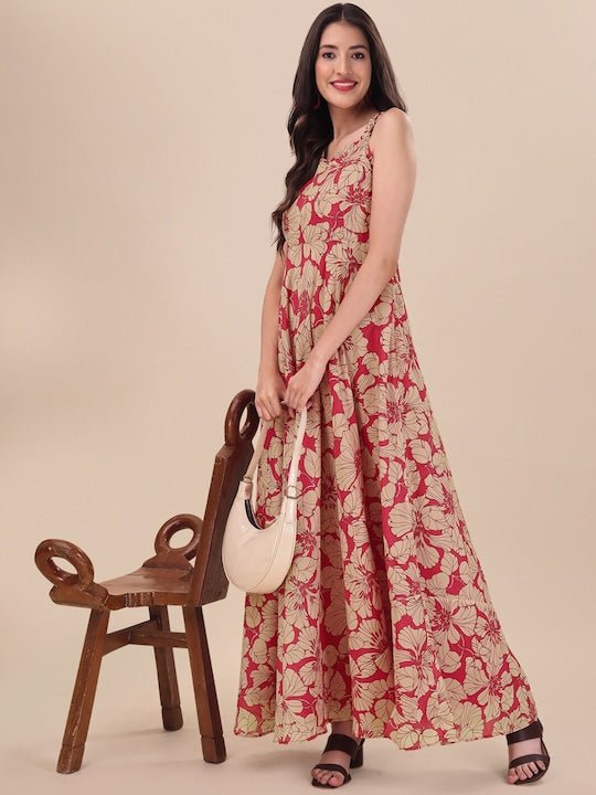 Red Floral Printed Sweetheart Neck A-line Maxi Dress - Inddus.com