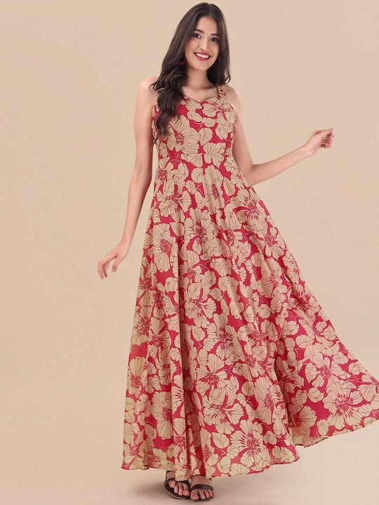 Red Floral Printed Sweetheart Neck A-line Maxi Dress - Inddus.com