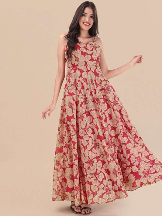 Red Floral Printed Sweetheart Neck A-line Maxi Dress - Inddus.com