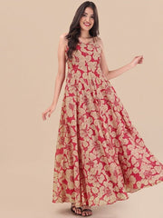 Red Floral Printed Sweetheart Neck A-line Maxi Dress - Inddus.com