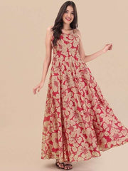 Red Floral Printed Sweetheart Neck A-line Maxi Dress - Inddus.com