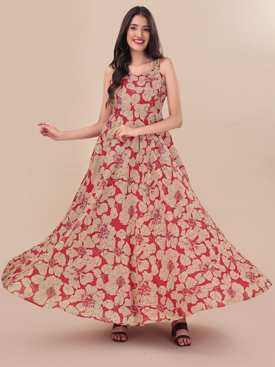 Red Floral Printed Sweetheart Neck A-line Maxi Dress - Inddus.com