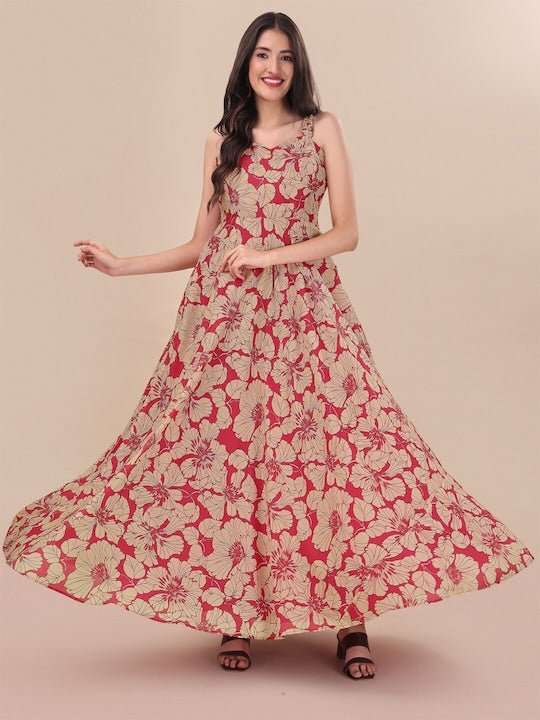 Red Floral Printed Sweetheart Neck A-line Maxi Dress - Inddus.com