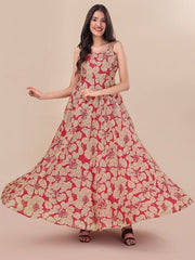 Red Floral Printed Sweetheart Neck A-line Maxi Dress - Inddus.com