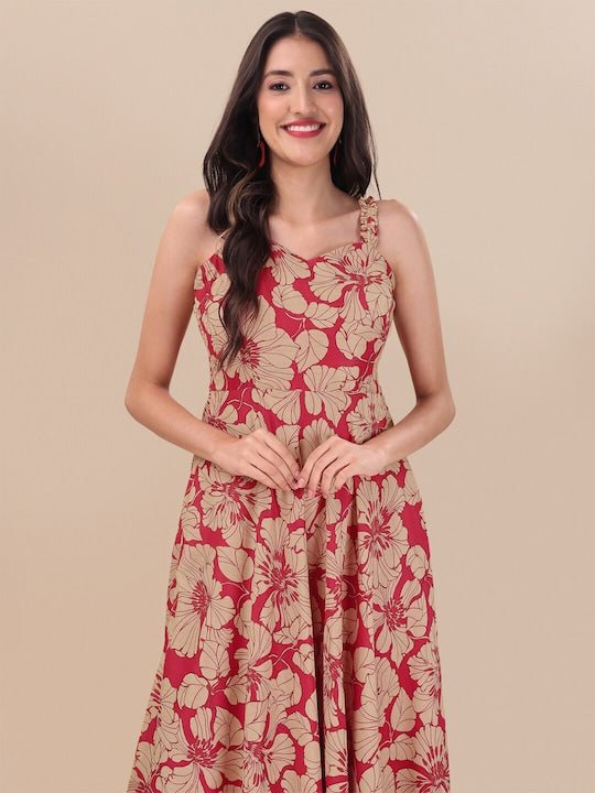 Red Floral Printed Sweetheart Neck A-line Maxi Dress - Inddus.com