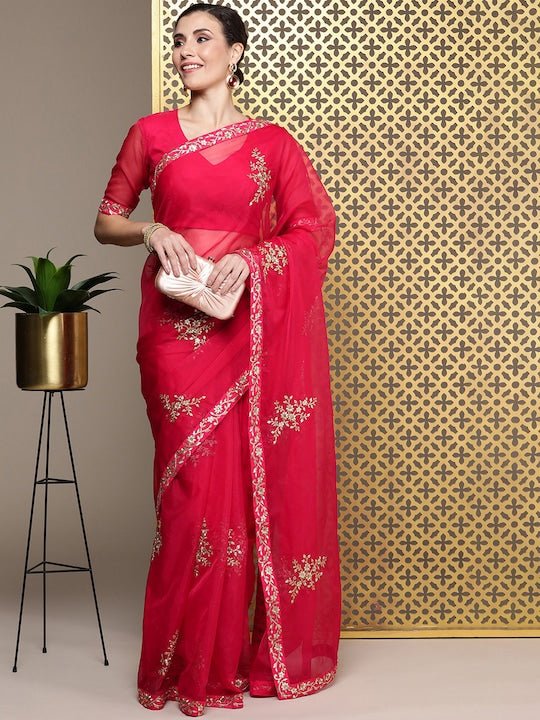Red Floral Zari Organza Saree - Inddus.com