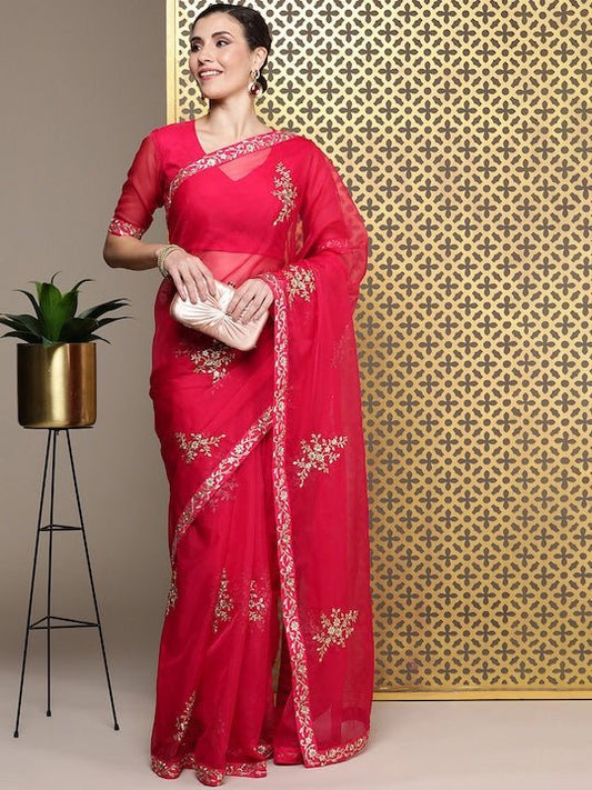 Red Floral Zari Organza Saree - Inddus.com