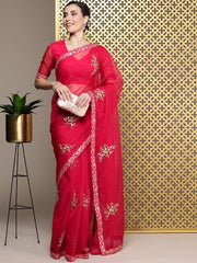 Red Floral Zari Organza Saree - Inddus.com