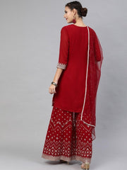 Red Georgette Embroidered Kurta Sharara Dupatta Set - inddus-us